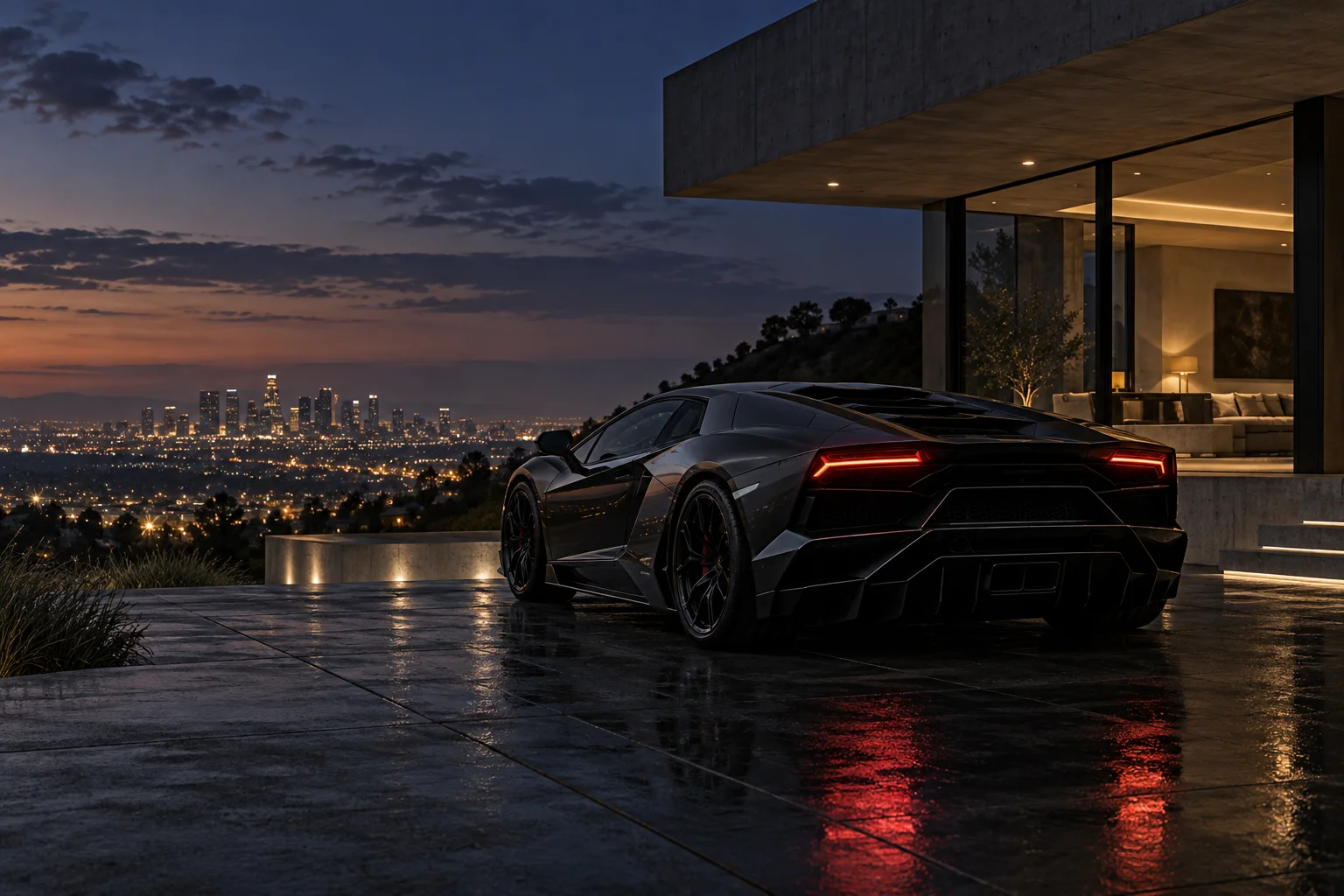 A graphite supercar outside a hillside home, overlooking city lights at dusk