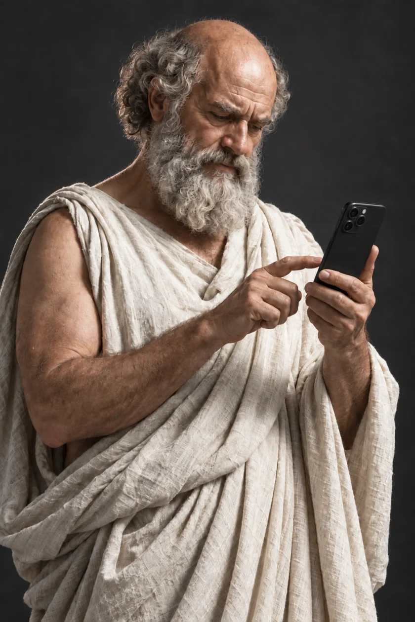 A lifelike Socrates-inspired philosopher using his phone, with its screen facing him