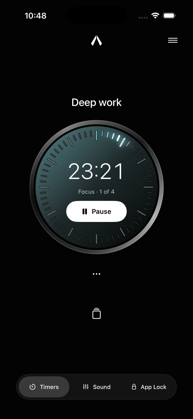 Watcher on iPhone: a personal timer dial, playback controls, and Timers, Sound and App Lock navigation